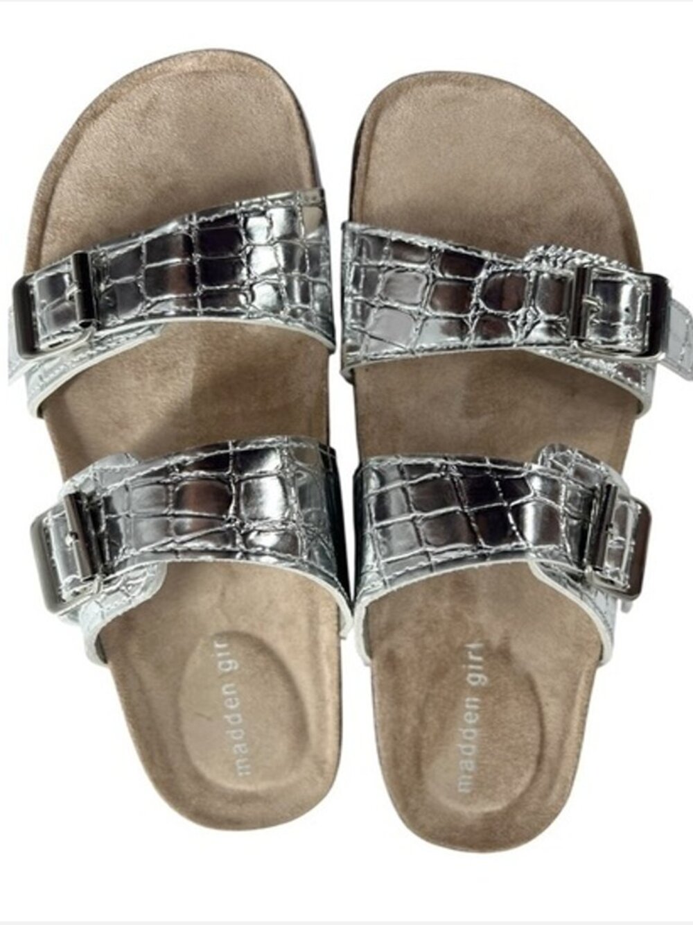 Madden Girl Metallic Silver Croc-Embossed Slip-On Sandals Women US 7.5M